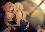  2girls absurdres alice_margatroid backlighting blonde_hair blue_eyes blush book bow braid capelet closed_eyes collar commission dress dutch_angle english_commentary frilled_collar frilled_dress frilled_hairband frills grabbing_another&#039;s_arm hair_ribbon hairband highres kirisame_marisa long_hair looking_at_another multiple_girls neck_ribbon no_headwear red_ribbon ribbon shanghai_doll shirt short_hair skeb_commission smile somei_ooo sunlight touhou yellow_eyes yuri 