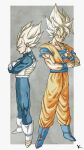  2boys armor blonde_hair blue_footwear blue_jumpsuit boots breastplate crossed_arms dragon_ball dragon_ball_z full_body gloves green_eyes highres jumpsuit kakeru_(dbskakeru) multiple_boys orange_jumpsuit simple_background sleeveless son_goku spiked_hair super_saiyan toriyama_akira_(style) vegeta white_footwear white_gloves 