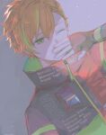  1boy blonde_hair closed_eyes fingerless_gloves gloves green_eyes high_collar highres kouri_2x male_focus multicolored_hair official_alternate_costume official_alternate_hairstyle one_eye_closed orange_hair project_sekai shinonome_akito short_hair solo streaked_hair zipper_pull_tab 