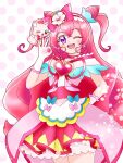  1girl apron arm_behind_back back_bow bow brooch choker cone_hair_bun cowboy_shot cure_precious delicious_party_precure double_bun dress fox gloves hair_bow hair_bun hairband heart heart_brooch hidesato_(user_xhje2235) highres jewelry kome-kome_(precure) large_bow light_particles long_hair magical_girl medium_dress nagomi_yui off-shoulder_dress off_shoulder ok_sign one_eye_closed open_mouth pink_dress pink_hair polka_dot polka_dot_background precure purple_eyes red_bow red_choker red_hairband red_ribbon ribbon smile solo standing two_side_up very_long_hair waist_apron white_gloves 