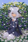  1girl animal_ear_fluff animal_ears bag between_legs black_bow blue_capelet blue_eyes blue_skirt blue_sky blush bow capelet cat_ears cat_girl closed_mouth commentary_request eyepatch falling_petals flower full_body hair_over_one_eye hair_ribbon hand_between_legs hand_on_own_chest kgt_(pixiv12957613) kneeling lily_(flower) long_sleeves looking_at_viewer medium_hair original pantyhose petals plant pleated_skirt ribbon scarf shirt shirt_tucked_in shoulder_bag skirt sky solo star_(symbol) star_print white_hair white_pantyhose white_scarf white_shirt 