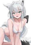  1girl absurdres ahoge all_fours animal_ear_fluff animal_ears bikini braid breasts cleavage commentary crossed_bangs fox_ears fox_girl fox_tail green_eyes grey_hair hair_between_eyes halterneck highres hoangryu hololive long_hair looking_at_viewer medium_breasts open_mouth shirakami_fubuki side_braid simple_background solo sweat swimsuit tail teeth virtual_youtuber white_background white_bikini 