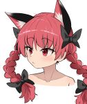  1girl animal_ears blush bow braid cat_ears chups closed_mouth collarbone extra_ears hair_bow highres kaenbyou_rin long_hair portrait red_eyes red_hair simple_background solo touhou twin_braids upper_body white_background 