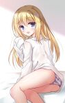  1girl ass blonde_hair blue_eyes blush chitose_sana commentary eyelashes eyes_visible_through_hair feet_out_of_frame hair_between_eyes hair_down highres igarashi_kenji knees_together_feet_apart long_hair looking_at_viewer looking_back on_bed open_mouth panties shiny_skin shirt sidelocks simple_background sitting sleeves_past_fingers sleeves_past_wrists solo straight_hair striped striped_panties tenshinranman thighs underwear white_background white_shirt yokozuwari 