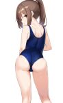  1girl ass back brown_eyes brown_hair commentary cowboy_shot from_behind hair_between_eyes high_ponytail highres kantai_collection long_hair looking_at_viewer looking_back parted_lips ponytail school_swimsuit sidelocks simple_background solo standing swimsuit symbol-only_commentary thigh_gap thighs white_background zarashi zuihou_(kancolle) 