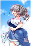  1girl aircraft airplane artist_logo ass black_hair blue_dress blue_sky breasts closed_eyes cloud commentary_request contrail cowboy_shot dated dress folded_ponytail hair_flaps hair_ornament hairclip highres jingei_(kancolle) kantai_collection kutone_shirika large_breasts long_hair official_alternate_costume ponytail red_eyes skirt_hold sky two-tone_dress 
