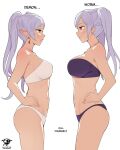  2girls bikini black_bikini braid breasts drop_earrings earrings elf english_commentary english_text fire_emblem fire_emblem_awakening fire_emblem_heroes frieren from_side green_eyes grey_hair grima_(fire_emblem) hands_on_own_hips jewelry kaos_art large_breasts long_hair looking_at_another multiple_girls navel pointy_ears profile red_eyes robin_(female)_(fire_emblem) robin_(fire_emblem) simple_background sousou_no_frieren standing swimsuit twintails underboob white_background white_bikini 