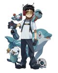  1boy 96a5b0 animification black_footwear black_gloves black_hair finizen full_body gloves goggles highres holding holding_poke_ball male_child male_focus oshawott pants poke_ball pokemon shoes south_park squirtle stan_marsh sunglasses toolshed_(south_park) white_background 