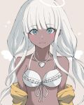  1girl bare_shoulders bikini breasts closed_mouth commentary_request danganronpa_(series) danganronpa_v3:_killing_harmony dark-skinned_female dark_skin frilled_bikini frills grey_eyes halo highres jacket jewelry long_hair looking_at_viewer necklace off_shoulder shell_necklace small_breasts smile solo swimsuit twintails upper_body yonaga_angie yu_sha_rei 