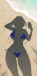 1girl absurdres arm_up artist_name beach bikini blue_bikini bow bow_earrings breasts day dressed_shadow earrings highres hololive hololive_english jewelry large_breasts myth1carts ouro_kronii out_of_frame outdoors pov sand selfie shadow short_hair silhouette solo swimsuit untied_bikini virtual_youtuber water 