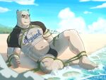  1boy absurdres algae bald bara beach belly black_male_swimwear blank_eyes borrowed_character bound bound_arms bound_legs bulge cropped_shirt forked_eyebrows highres large_pectorals lifeguard male_focus male_swimwear monster_boy muscular muscular_male original pectorals plump rhino_boy rhino_ears see-through shirt sitting slime_boy smile solo spread_legs stomach swim_briefs thick_eyebrows thick_thighs thighs topless_male wet wet_clothes wet_shirt whistle whistle_around_neck wutang 