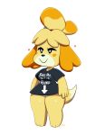  2023 absurd_res animal_crossing anthro black_clothing black_shirt black_topwear bottomless bottomless_anthro bottomless_female canid canine canis clothed clothing domestic_dog english_text female full-length_portrait hi_res isabelle_(animal_crossing) mammal monamania nintendo portrait shih_tzu shirt simple_background smile solo t-shirt text toony topwear toy_dog white_background yellow_body 