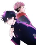  2boys black_hair brown_eyes buttons commentary_request facial_mark fushiguro_megumi green_eyes hair_between_eyes high_collar hood hood_down hoodie itadori_yuuji jacket jujutsu_kaisen long_sleeves looking_at_viewer male_focus multiple_boys pink_hair red_hoodie school_uniform short_hair simple_background spiked_hair twitter_username undercut white_background youjo_(kurukuru9696) 