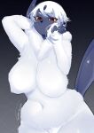  absol anthro big_breasts breasts female front_view fur generation_3_pokemon hair hands_behind_head hi_res looking_at_viewer neck_tuft nintendo nude pokemon pokemon_(species) red_eyes sirn_0121 solo tuft white_body white_fur white_hair 