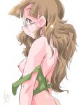  1girl alternate_hairstyle artist_name azechi_kiyochi back breasts brown_eyes brown_hair butt_crack closed_mouth from_side girls_und_panzer glasses green_tank_top hair_down highres long_hair looking_at_viewer messy_hair nipples oono_aya signature simple_background small_breasts smile solo strap_slip tank_top upper_body white_background 