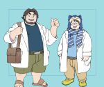  2boys bag bara beard belt birch_(pokemon) facial_hair glasses hat highres lab_coat male_focus multiple_boys neroli_(pokemon) odmk_(jinnta4014) pants pokemon sandals scarf shirt shoes short_hair shorts shoulder_bag snorlax stubble t-shirt 