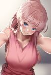  1girl blue_eyes blush breasts closed_mouth huyumitsu large_breasts long_hair looking_at_viewer original outstretched_arms pink_hair pink_shirt ponytail shirt sleeveless sleeveless_shirt smile solo upper_body 