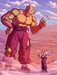  2boys antennae biceps blue_sky boots brown_footwear cloud colored_skin commentary_request day desert dragon_ball dragon_ball_super dragon_ball_super_super_hero fang giant gohan_beast grin hand_on_own_hip hand_up highres koukyouji large_pectorals looking_at_another looking_down looking_up male_focus multiple_boys muscular muscular_male namekian notice_lines orange_piccolo orange_skin outdoors pants parted_lips pectorals piccolo pointy_ears purple_pants purple_sash red_eyes red_sash red_wristband sash sky smile smirk son_gohan spiked_hair standing thumbs_up topless_male torn_clothes torn_pants v-shaped_eyebrows white_hair wristband 