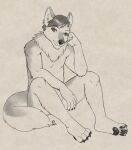  anthro canid canine canis hi_res line_art looking_at_viewer male mammal monochrome mosa sabbyth scruffy sitting solo solo_focus thinking wolf 