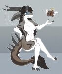  &lt;3 alcohol anthro beverage creature71 crossed_legs dragon ear_piercing female firoza hi_res horn mug nude piercing sitting solo spikes 