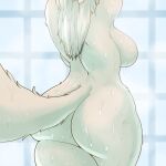  anthro athletic big_butt breasts butt ceo_(lagotrope) curvy_figure digital_media_(artwork) female fluffy fluffy_tail hair hi_res hourglass_figure lagotrope long_hair nude portrait rear_view shower solo standing steam tail tgchan thick_thighs water wet 