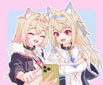  2girls :d ^_^ animal_ear_fluff animal_ears black_jacket blonde_hair blue_hair breasts cellphone closed_eyes collar commentary cropped_jacket cropped_shirt dog_ears dog_girl frilled_sleeves frills fuwawa_abyssgard gori_wakamaru highres hololive hololive_english jacket large_breasts long_hair long_sleeves mococo_abyssgard multicolored_hair multiple_girls navel open_clothes open_jacket open_mouth phone pink_hair pixel_art red_eyes shirt short_hair small_breasts smartphone smile stomach two-tone_hair virtual_youtuber white_shirt wide_sleeves 