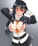  1girl bikini black_hair blush breasts cowboy_shot cupless_bikini furaggu_(frag_0416) gloves gradient_background grey_background highres kantai_collection large_breasts long_hair long_sleeves looking_at_viewer neckerchief open_mouth orange_neckerchief partially_unbuttoned pleated_skirt ponytail red_eyes school_uniform serafuku sidelocks skirt solo standing swimsuit white_background white_gloves yahagi_(kancolle) 