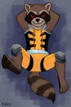  2:3 absurd_res anthro brown_body brown_fur clothed clothing countershade_feet countershading digital_media_(artwork) feet fur guardians_of_the_galaxy hi_res jumpsuit looking_at_viewer male mammal marvel procyonid raccoon red_eyes rocket_raccoon simple_background smile solo sylo tail 