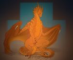  2023 absurd_res claws dragon female feral genitals golden_body hi_res masturbation membrane_(anatomy) membranous_wings on_hind_legs pussy scalie simple_background solo spikes standing tail vaginal vaginal_masturbation veoros western_dragon wings 