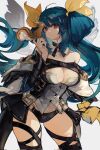  1girl angel_wings animal asymmetrical_wings bare_shoulders belt black_panties black_thighhighs blue_hair breasts carrying cleavage cleavage_cutout closed_mouth clothing_cutout detached_collar detached_sleeves dizzy_(guilty_gear) found_modori guilty_gear guilty_gear_xrd hair_between_eyes highres large_breasts long_hair looking_at_viewer mature_female midriff monster_girl navel off_shoulder panties red_eyes ribbon shaded_face sidelocks smile solo squirrel tail tail_ornament tail_ribbon thick_thighs thigh_strap thighhighs thighs twintails underwear wings yellow_ribbon 