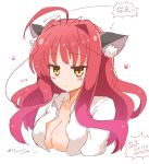  1girl :&lt; ahoge animal_ear_fluff animal_ears breasts cat_ears cat_girl cleavage collared_shirt commentary_request dracu-riot! expressionless eyes_visible_through_hair hair_between_eyes hair_intakes hair_spread_out hakutocake highres large_breasts light_blush long_hair long_sleeves looking_at_viewer no_bra open_clothes open_shirt paw_print red_hair shirt shy sidelocks simple_background sketch solo translated wavy_hair white_background white_shirt yarai_miu yellow_eyes 