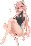  1girl absurdres animal_ear_fluff animal_ears anklet aqua_nails arknights bare_shoulders barefoot black_one-piece_swimsuit blush bracelet breasts bright_pupils casual_one-piece_swimsuit cleavage full_body gravel_(arknights) highres jewelry knees_up large_breasts legs long_hair nail_polish one-piece_swimsuit parted_lips pink_hair red_eyes shino_duka simple_background sitting smile solo swimsuit tail toes very_long_hair white_background 
