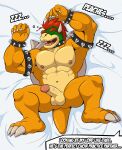  2023 abs absurd_res anthro armband balls bedding bedding_background biceps big_muscles bowser bracelet claws collar dialogue english_text erection eyebrows genitals hair hi_res horn humanoid_genitalia humanoid_penis jewelry koopa lying male mario_bros mezzmar muscular muscular_anthro muscular_male narrowed_eyes navel nintendo nipples non-mammal_balls non-mammal_nipples nude obliques offscreen_character on_back open_mouth open_smile pecs penis scalie serratus shell sleeping smile solo sound_effects spiked_armband spiked_bracelet spiked_collar spiked_shell spikes spikes_(anatomy) teeth text tongue vowelless vowelless_sound_effect zzz 