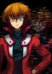  1boy black_background black_shirt blue_eyes brown_hair commentary_request different_shadow frown glaring glitch hand_on_own_hip heterochromia high_collar highres jacket long_sleeves male_focus multiple_views red_jacket serious shirt short_hair standing turtleneck upper_body yellow_eyes youko-shima yu-gi-oh! yu-gi-oh!_gx yuuki_juudai 