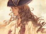  1girl black_headwear brown_eyes brown_hair disney disneyland hat highres ho_(pixiv_rxnx3444) hock long_hair long_sleeves recruiters_(disney) shirt solo tricorne upper_body wavy_hair white_shirt 