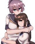  2girls absurdres aoba_(kancolle) black_hair black_sailor_collar blue_eyes blue_neckerchief brown_eyes fubuki_(kancolle) fubuki_kai_ni_(kancolle) grey_sailor_collar highres hug ikadamo kantai_collection looking_at_viewer medium_hair messy_hair multiple_girls neckerchief ponytail purple_hair sailor_collar sailor_shirt scrunchie shirt sidelocks simple_background white_background white_shirt yellow_neckerchief 