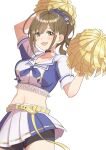  1girl absurdres ahoge arm_up belt bike_shorts blue_ribbon blush breasts brown_eyes brown_hair cheerleader choker cleavage collarbone crop_top cropped_jacket eitopondo hair_ribbon highres holding holding_pom_poms idolmaster idolmaster_shiny_colors kuwayama_chiyuki large_breasts long_hair looking_at_viewer midriff navel open_mouth pleated_skirt pom_pom_(cheerleading) ponytail ribbon short_sleeves simple_background skirt smile solo white_background yellow_belt 