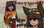  2girls animal_ears aqua_eyes black_hair blurry blurry_background brown_hair centurii-chan_(artist) closed_eyes commentary dark-skinned_female dark_skin egyptian egyptian_clothes english_commentary english_text grand_theft_auto grand_theft_auto_v highres medium_hair meme multiple_girls nemes open_mouth original parted_lips pointing scene_reference striped striped_headwear vertical-striped_headwear vertical_stripes white_tunic yee-yee_ass_haircut yellow_cloak 