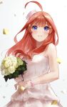  1girl :d ahoge bare_shoulders blue_eyes blunt_bangs blush bouquet closed_mouth commentary_request confetti dress floral_print go-toubun_no_hanayome hair_ornament highres holding holding_bouquet ishiyuki long_hair looking_at_viewer nakano_itsuki pink_hair revision simple_background smile solo star_(symbol) star_hair_ornament tearing_up tears wedding_dress white_background 