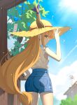  1girl absurdres alternate_costume arm_up bare_arms blue_shorts blue_sky closed_mouth commentary cowboy_shot denim denim_shorts hand_on_own_hip hat highres horn_ornament horn_ribbon horns ibuki_suika long_hair looking_at_viewer oeyama orange_eyes orange_hair outdoors profile ribbon shirt_tucked_in shorts sky solo straw_hat torn_clothes torn_sleeves touhou very_long_hair wind_chime yellow_headwear 