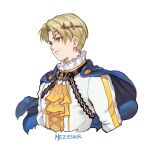  1boy alfred_(fire_emblem) ascot blonde_hair cape circlet closed_mouth fire_emblem fire_emblem_engage frills green_eyes high_collar looking_to_the_side male_focus meziosaur shirt short_hair white_background white_shirt yellow_ascot 