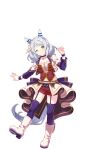  alternate_costume animal_ears boots breasts brown_eyes closed_mouth collar collarbone full_body grey_hair hair_ornament highres hishi_miracle_(umamusume) horse_ears horse_tail looking_at_viewer medium_breasts official_art one_eye_closed shorts smile standing standing_on_one_leg starting_future_(umamusume) tail thighhighs transparent_background umamusume 