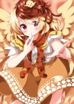  1girl animal animal_on_head bird bird_on_head bird_tail bird_wings blonde_hair blush chick commentary_request dress feathered_wings highres multicolored_hair niwatari_kutaka on_head orange_dress red_eyes red_hair ruu_(tksymkw) shirt short_hair short_sleeves solo tail touhou two-tone_hair whistle whistle_around_neck whistling white_shirt wings yellow_wings 