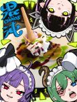  3girls absurdres ahoge black_bow black_hair blue_eyes blunt_bangs blush bow brown_horns closed_mouth commentary_request cowlick demon_girl demon_horns eyepatch food green_hair head_only highres horns ice_cream kojo_anna looking_at_viewer maid_headdress marshmallow multicolored_hair multiple_girls nanashi_inc. open_mouth pancake panyatteria photo_background plate pointy_ears purple_hair red_eyes sekishiro_mico shisui_kiki short_hair smile syrup twintails two-tone_hair virtual_youtuber wafer_stick yellow_eyes 