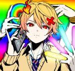  blonde_hair blue_necktie cardigan cd cellphone closed_mouth dappou_rock_(vocaloid) extra_arms fire gradient_background hair_ornament holding holding_glowstick holding_phone long_sleeves looking_at_viewer necktie phone project_sekai rainbow_gradient red_eyes ringed_eyes shirt smartphone solo taro14_tea tenma_tsukasa white_shirt x_hair_ornament yellow_cardigan 