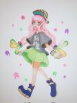  2023 5_fingers animal_humanoid anthozoan anthozoan_humanoid anthro clothing cnidarian cnidarian_humanoid female fingers flat_chested hair harmony_(splatoon) hat headgear headwear hi_res humanoid marine marine_humanoid nintendo onyeen pink_hair sea_anemone_humanoid simple_background solo splatoon standing traditional_media_(artwork) wristband young 