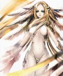  1girl angel_wings black_eyes blonde_hair breasts colored_skin cowboy_shot cracked_skin final_fantasy final_fantasy_xiv forgiven_obscenity gold_trim highres long_hair looking_at_viewer looking_down medium_breasts monster_girl multiple_wings navel no_eyebrows no_nipples parted_bangs sin_eater_(ff14) solo stomach unf_(unotfound_404) white_skin wings 