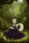  2022 anthro book bulochka canid canine clothed clothing digital_media_(artwork) dress female forest fully_clothed grass grey_hair grey_sclera hair hi_res holding_book holding_object long_hair mammal plant reading reading_book shaded sitting solo tail tree 