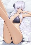  1girl absurdres alternate_costume azur_lane belfast_(azur_lane) bikini blue_eyes braid breasts cleavage french_braid grey_hair hand_on_own_face highres large_breasts legs legs_up long_hair long_legs looking_at_viewer lordol lying on_back swimsuit very_long_hair 