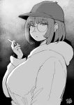  1girl absurdres cigarette dated ear_piercing glasses greyscale hadashi_no_kenji hat highres holding holding_cigarette hood hood_down hoodie looking_at_viewer medium_hair monochrome piercing solo tobacco white_hoodie 